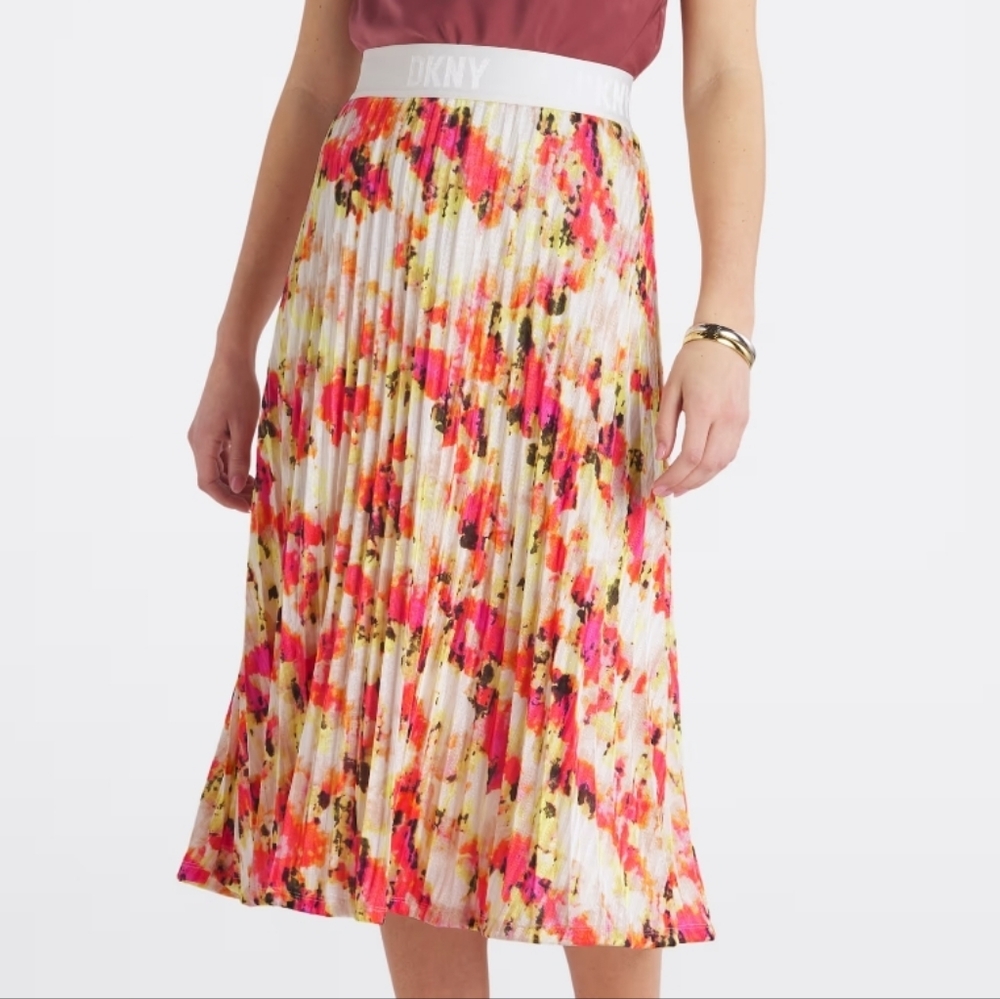 NWT DKNY Pleated Floral Midi Skirt, Size L